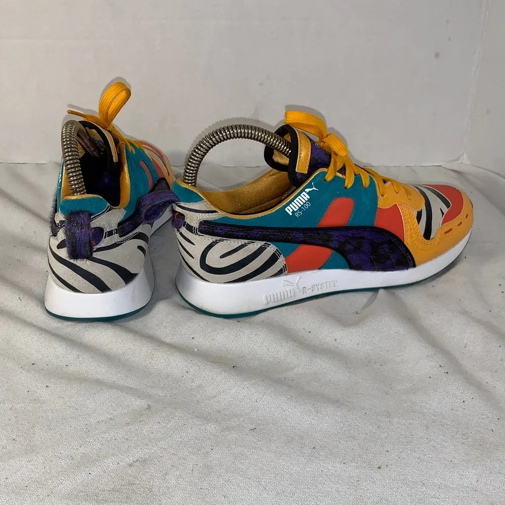 Puma Womens RS-100 ‘Zinnia’ Yellow, Teal, Orange & Zebra-Accent Low-Top Sneakers